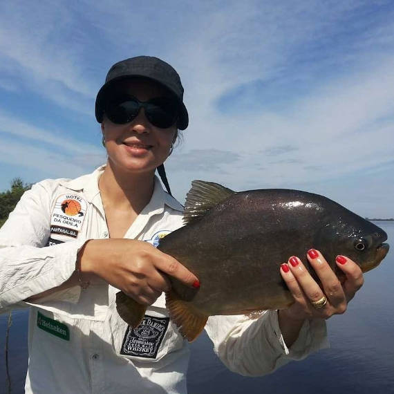 pescadora com pacu fisgado na pescaria no pantanal