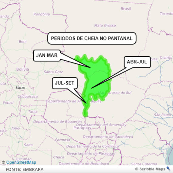 mapa com períodos de cheia para pescaria no pantanal